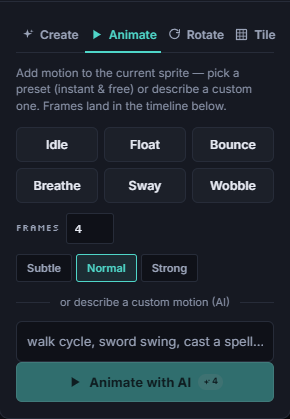 The AI Animate panel: motion presets like Idle and Bounce, or describe a custom motion — frames land in the timeline.