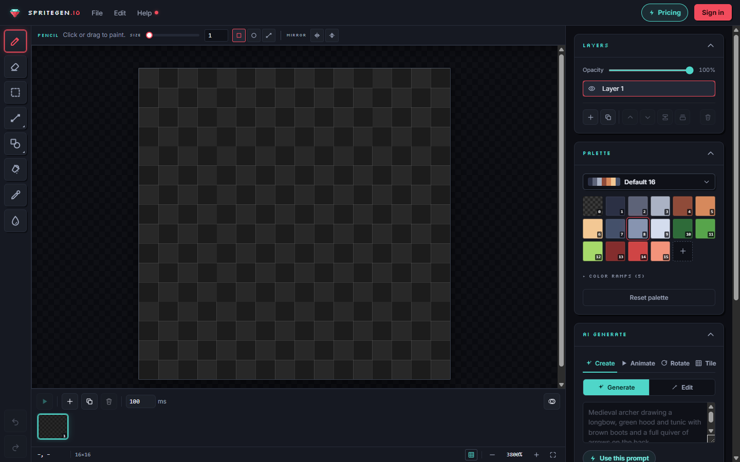 The SpriteGen editor with a fixed pixel grid in the center, tools on the left, and the palette and AI panels on the right.