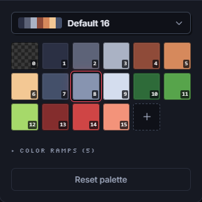 The Spritegen palette panel: a shared set of colors grouped into ramps that every sprite draws from.